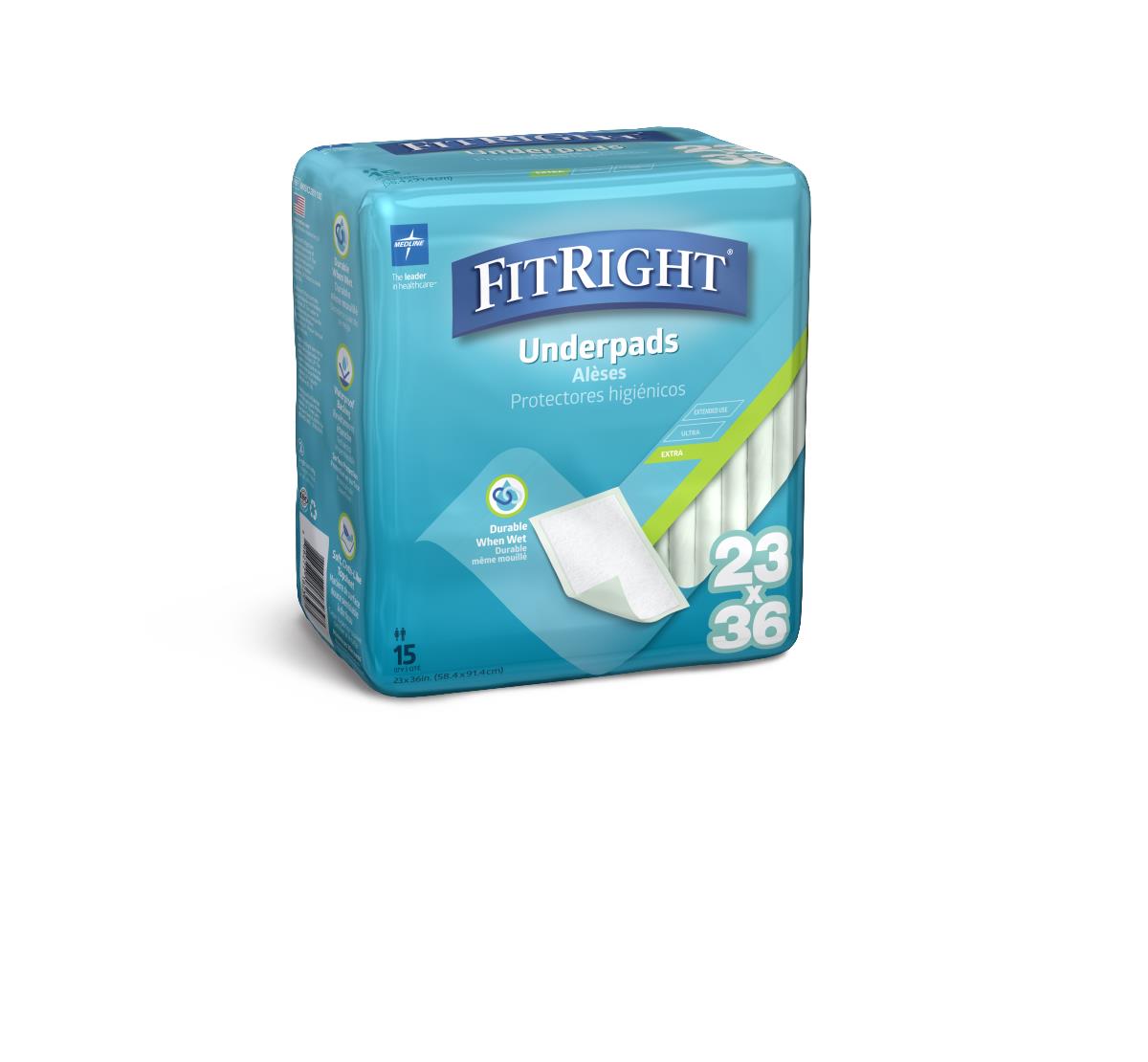 FitRight Underpads package, teal packaging, 23x36 inch size, 15-count, showing disposable pad on front