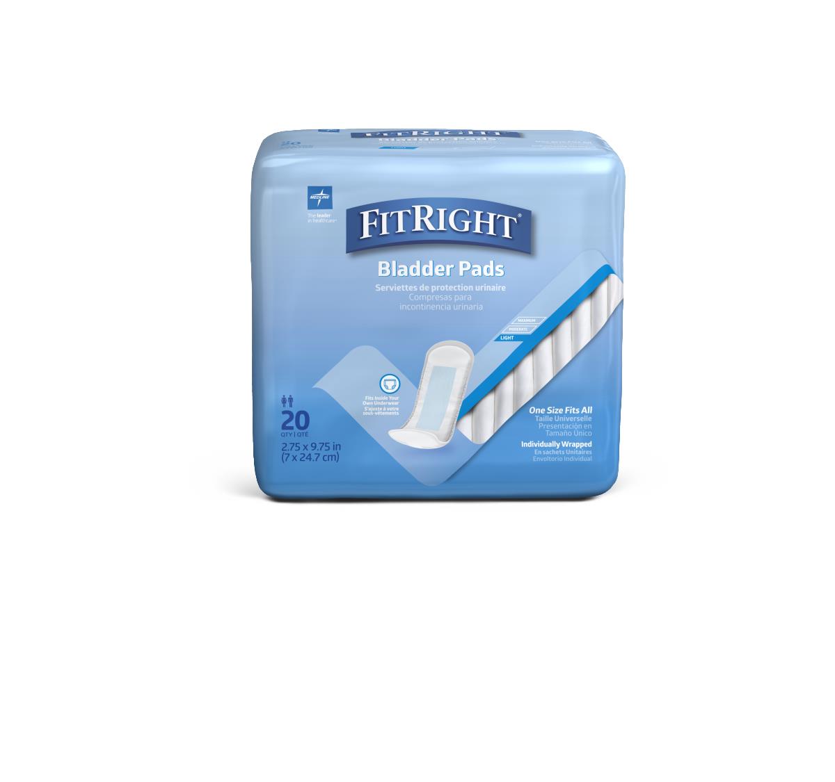 Bladder control pads light absorbency in blue FitRight packaging, count of 20, individually wrapped, one size fits all