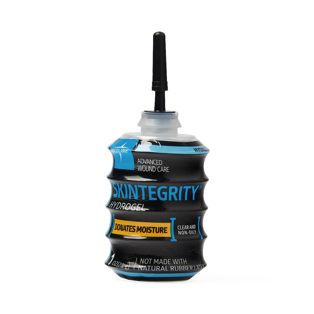 Skintegrity Hydrogel wound care gel in a ribbed black squeeze bottle with a narrow tip applicator, on white background