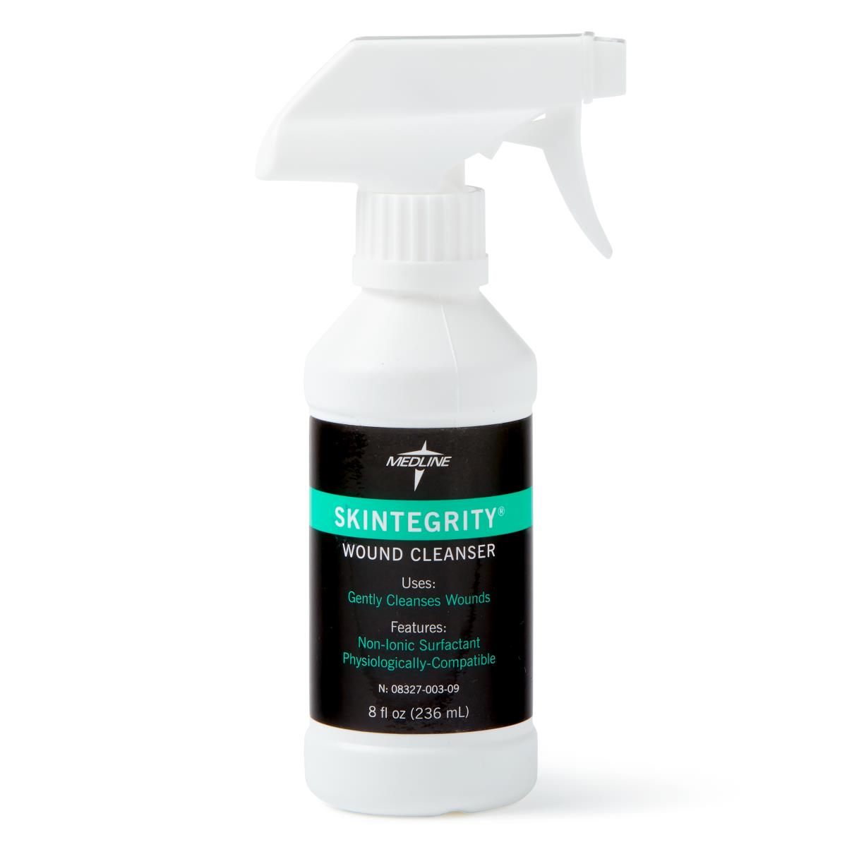 Wound cleanser spray bottle with white trigger top, black and teal label, 8 fl oz size