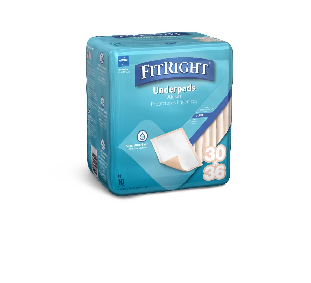 FitRight Underpads package in teal packaging, 30x36 size, 10-count, with underpad image shown on front