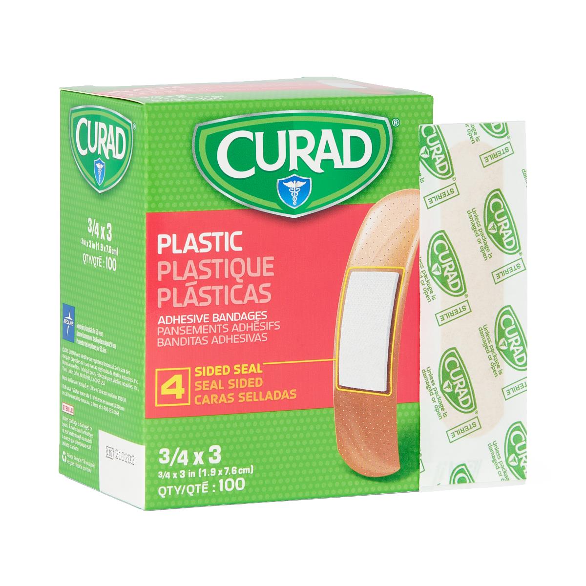 Curad plastic adhesive bandages green box of 100 with a single wrapped bandage leaning against it