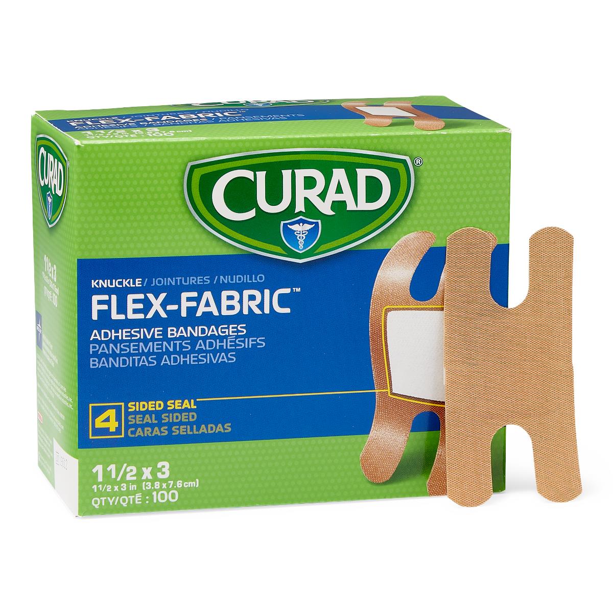 Curad Flex-Fabric knuckle adhesive bandages box of 100 with two tan fabric bandages displayed in front on white background