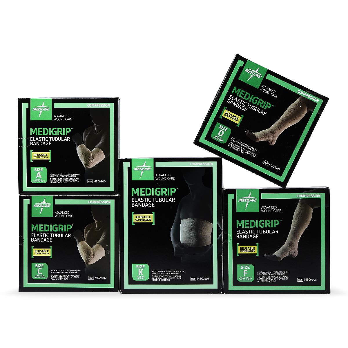 Medigrip elastic tubular bandage boxes in multiple sizes A, C, D, F, and K displayed together on white background
