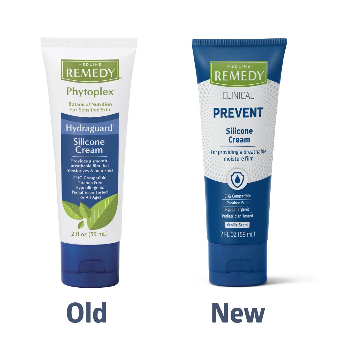Medline Remedy silicone cream tubes showing old Phytoplex Hydraguard and new Clinical Prevent packaging side by side, 2 fl