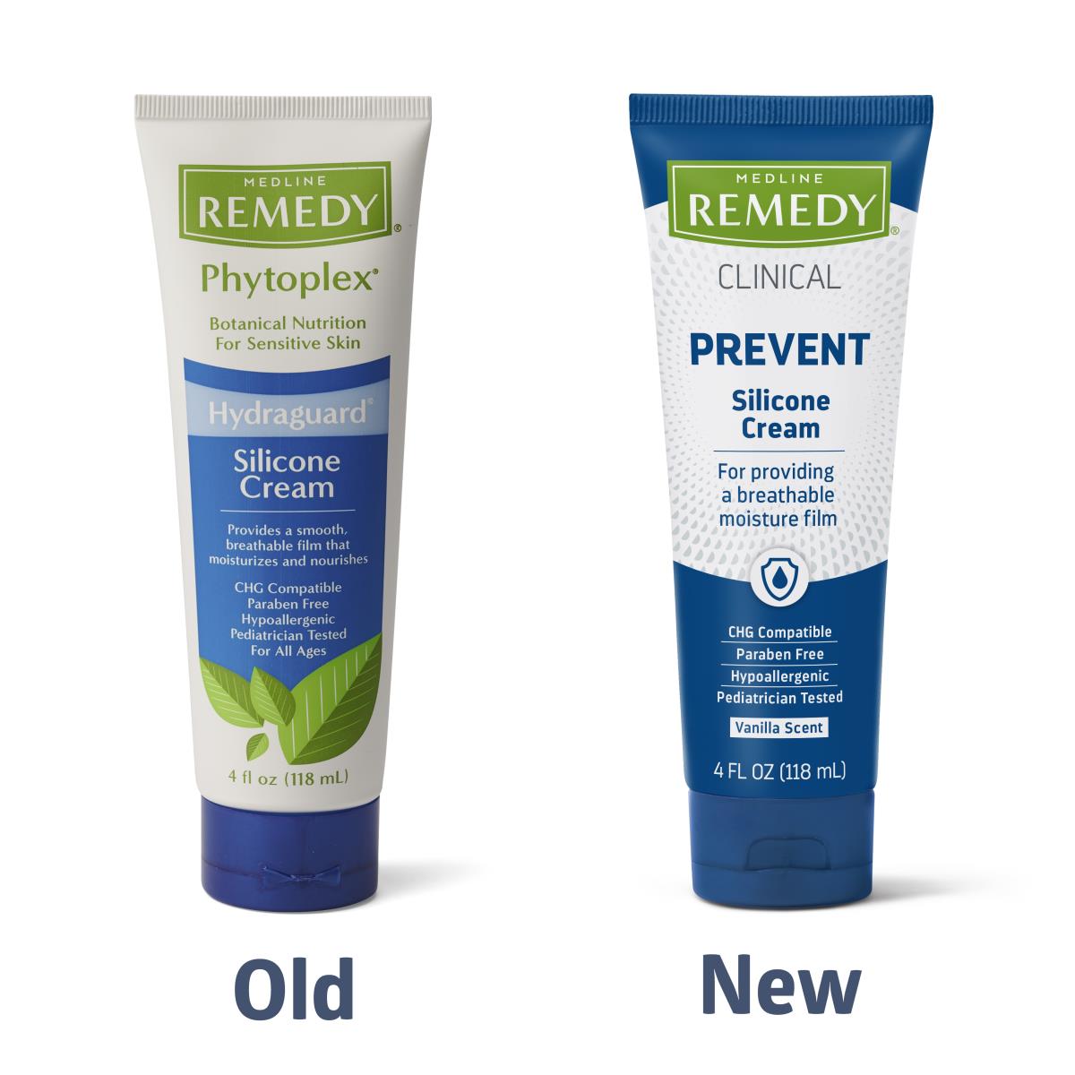 Medline Remedy silicone cream tubes showing old Phytoplex Hydraguard and new Clinical Prevent packaging side by side, 4 fl