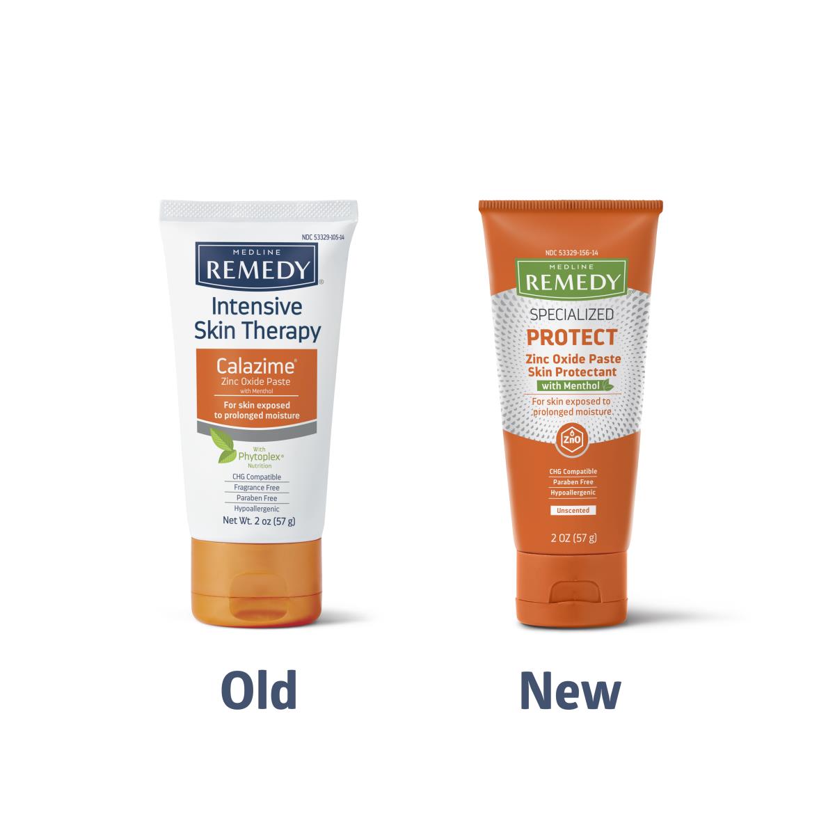 Remedy Calazime zinc oxide paste tubes showing old white packaging versus new orange packaging, both 2 oz