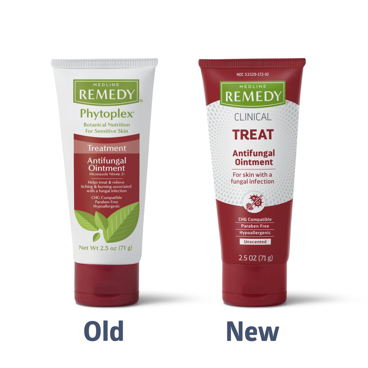 Medline Remedy antifungal ointment tubes showing old Phytoplex and new Clinical Treat packaging side by side, white