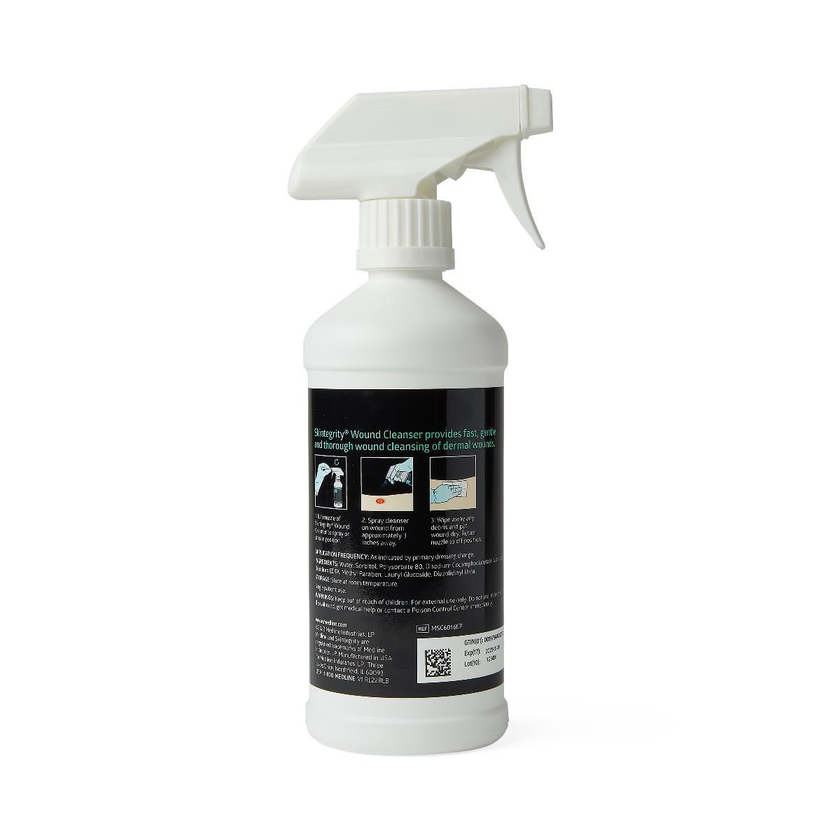 Wound cleanser spray bottle with white trigger nozzle and black instructional label, 16 oz size