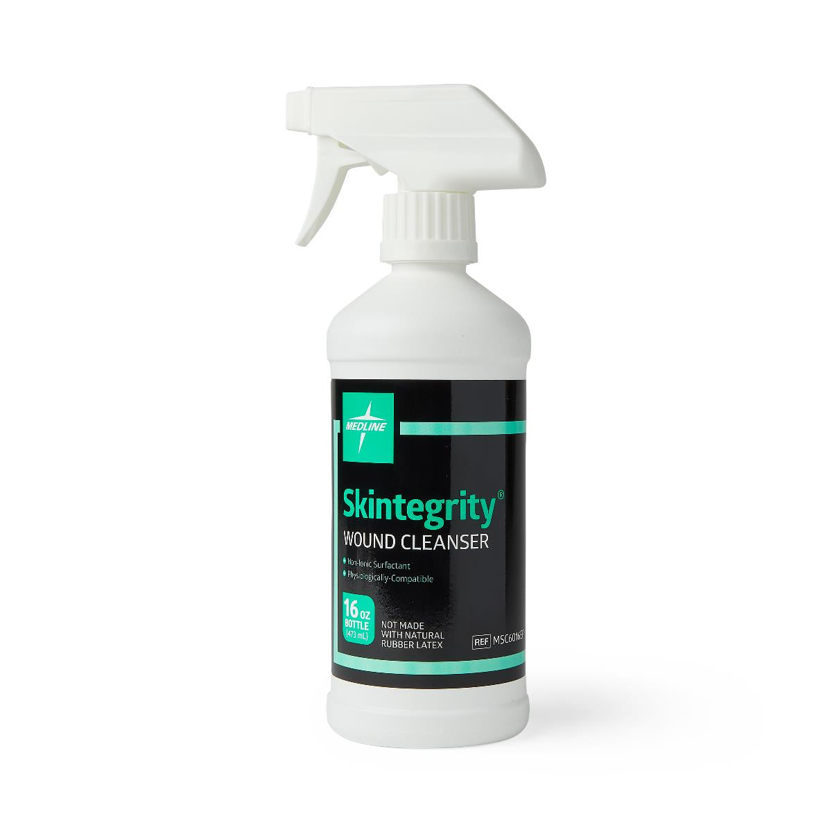 Wound cleanser spray bottle with white trigger top, black and teal label reading Skintegrity Wound Cleanser, 16 oz size