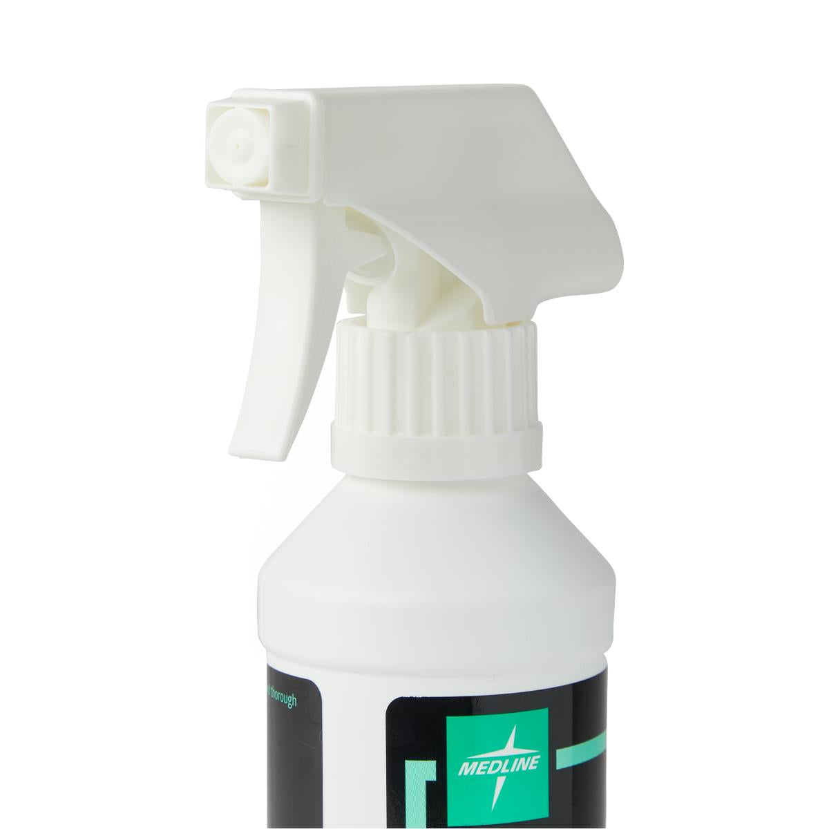 Skintegrity wound cleanser spray bottle with white trigger sprayer and black and green Medline label, close-up view