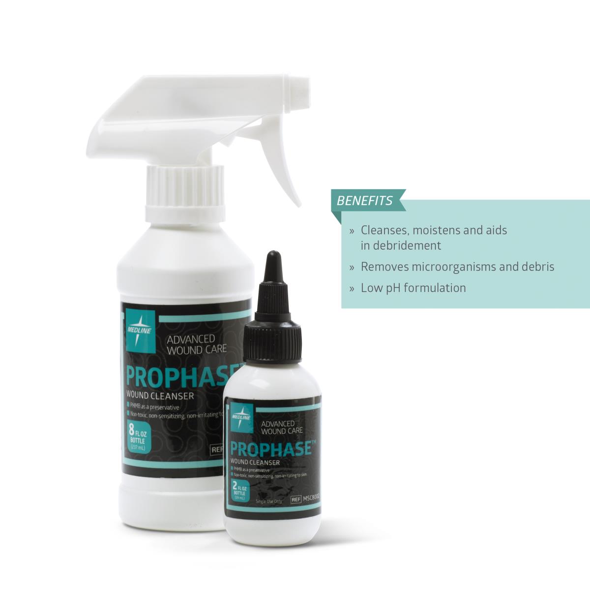 Prophase Wound Cleanser spray bottle and small dropper bottle displayed together with printed benefits text on white