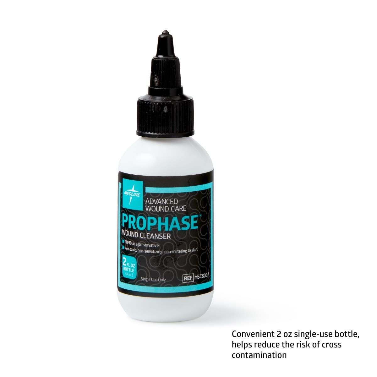 Prophase Wound Cleanser 2 oz squeeze bottle with black pointed tip cap and black and teal label on white background