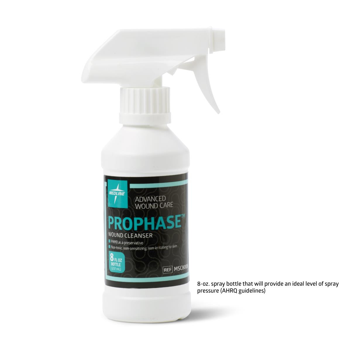 Wound cleanser spray bottle with white trigger sprayer and black and teal label, 8 fl oz