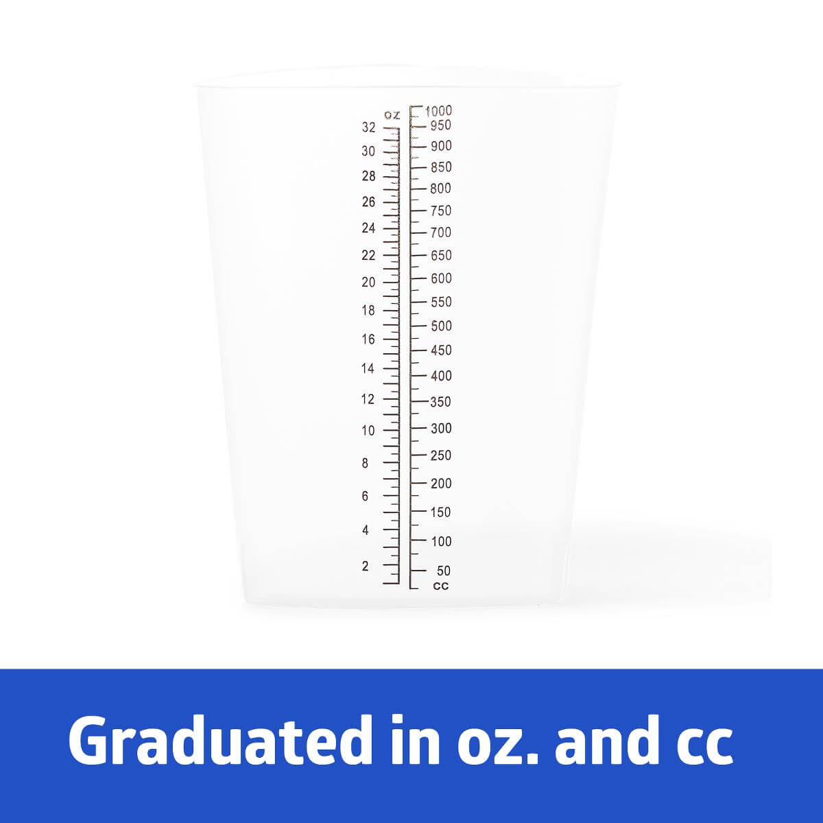 Triangular graduate measuring cup with dual oz. and cc graduated scale markings on a white background