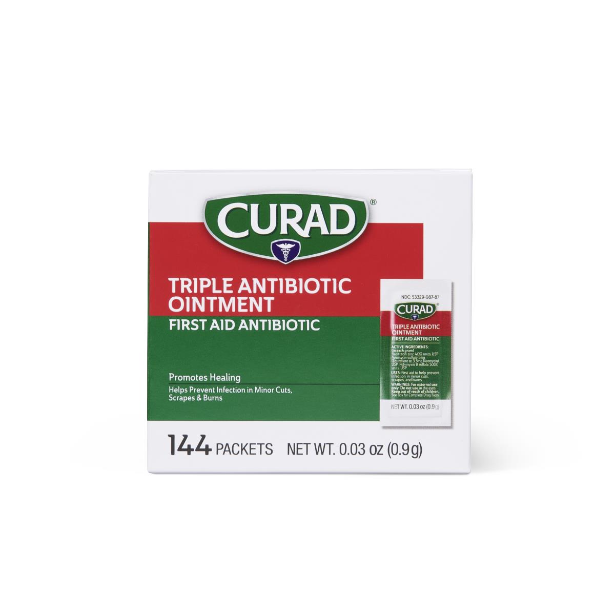 Curad Triple Antibiotic Ointment box of 144 single-use packets with one individual packet displayed beside it