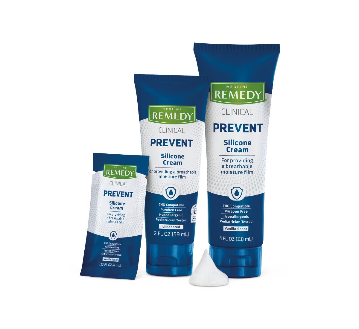Medline Remedy Clinical Prevent Silicone Cream in three sizes: a packet, 2 fl oz tube, and 4 fl oz tube, with cream dollop