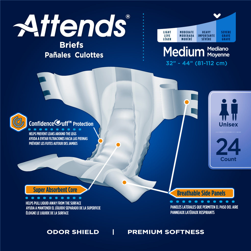 Attends Briefs package front showing medium size adult brief with labeled features including leg cuffs, absorbent core, and