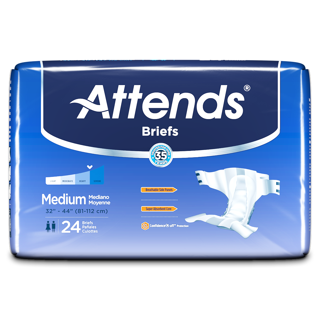 Attends Briefs adult incontinence brief package, medium size, 24 count, blue bag with product illustration