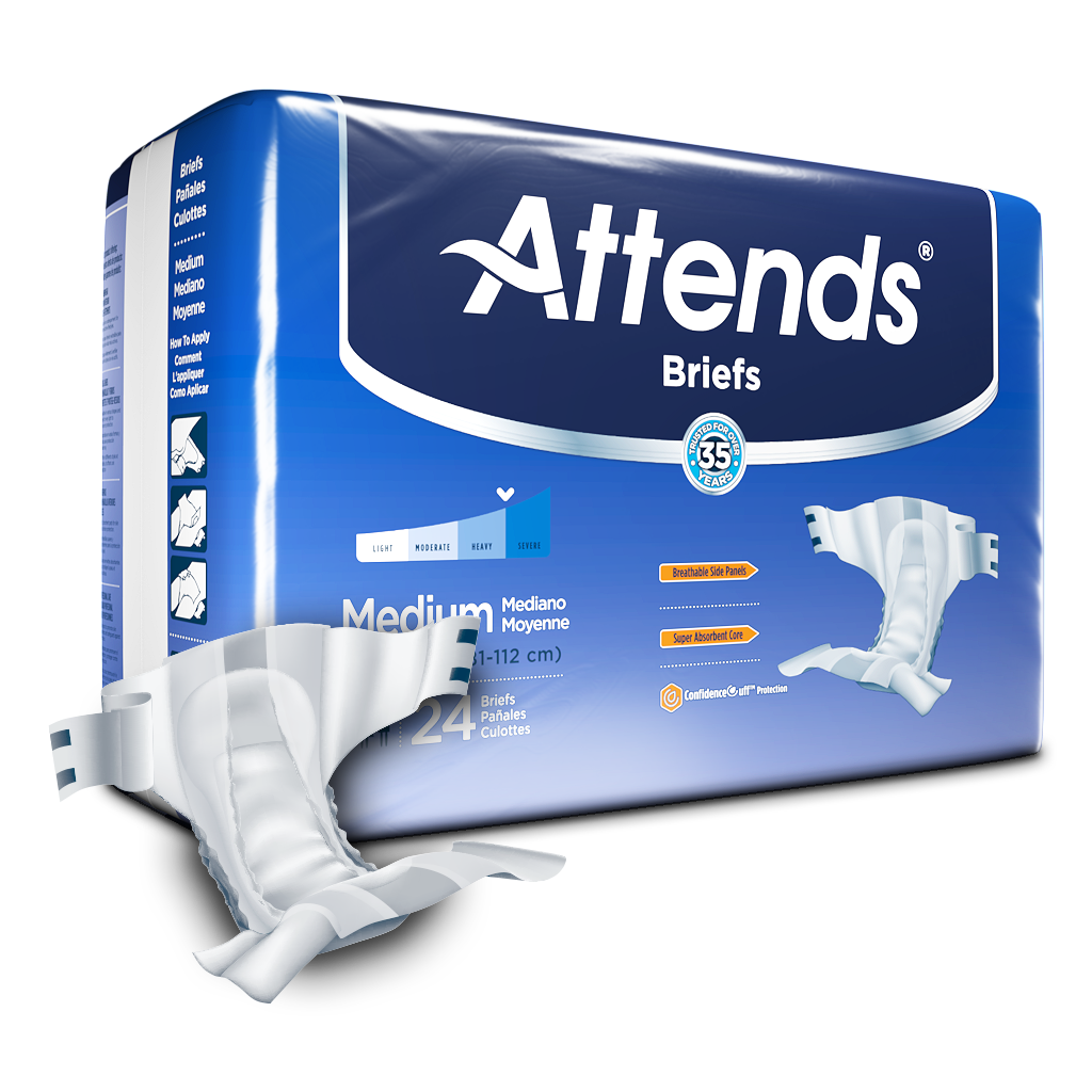 Attends Briefs medium size 24-count package in blue packaging with a single brief displayed in front
