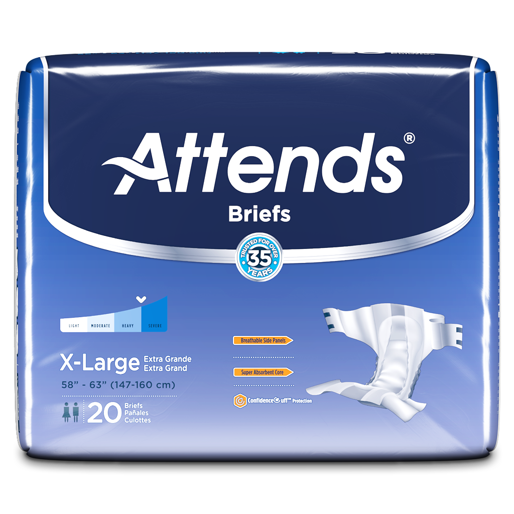 Attends Briefs adult incontinence briefs, X-Large, 20-count package in blue and white packaging