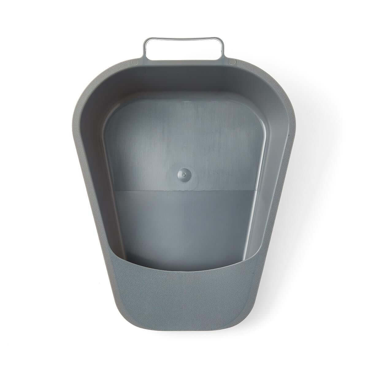 Fracture bedpan in graphite gray plastic with a metal handle, viewed from above showing the shallow contoured basin interior