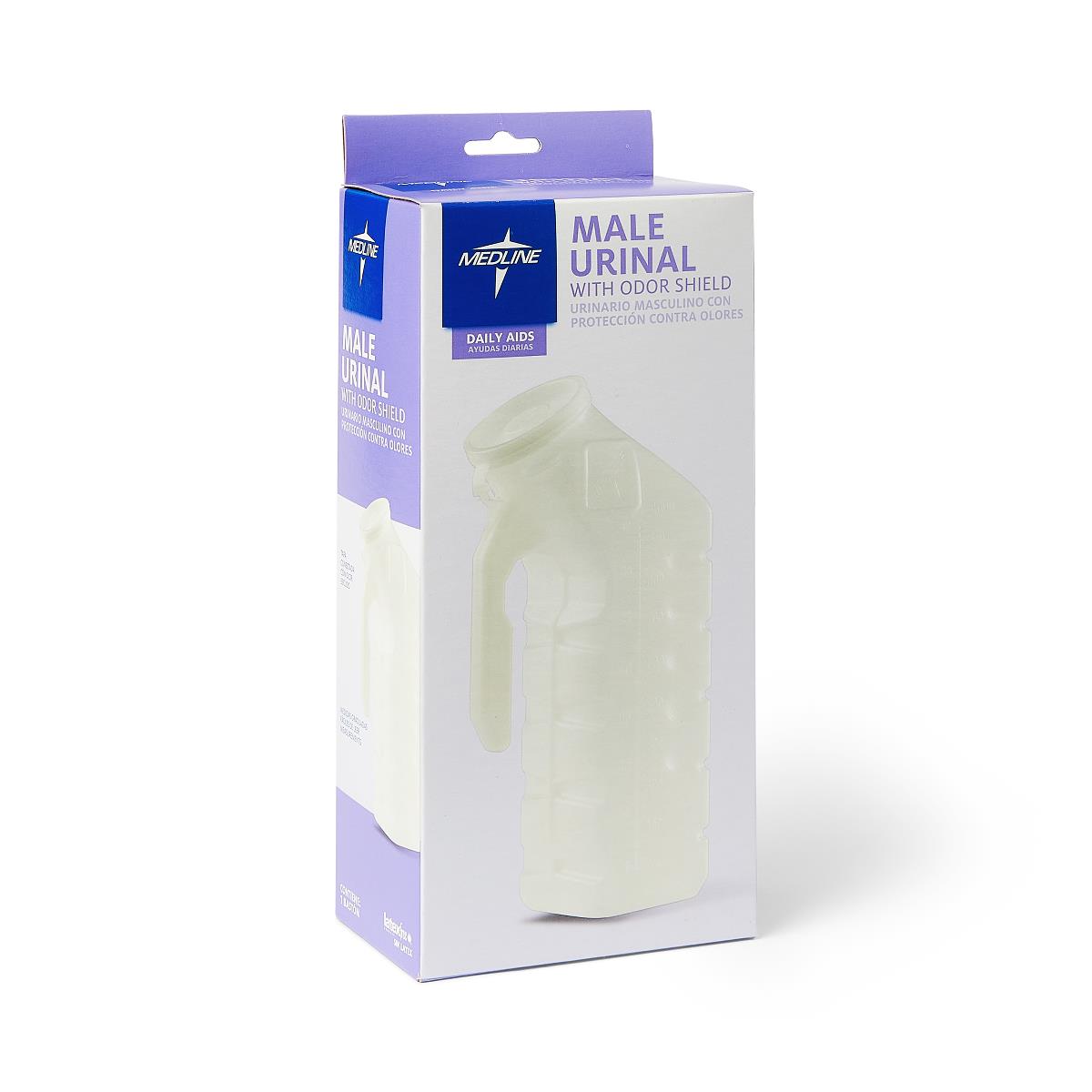 Male urinal with odor shield in Medline retail packaging, showing translucent plastic urinal with handle and lid