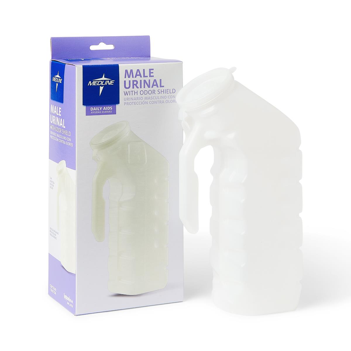 Male urinal with lid beside its purple and white retail box, translucent plastic with handle and spill-resistant cap