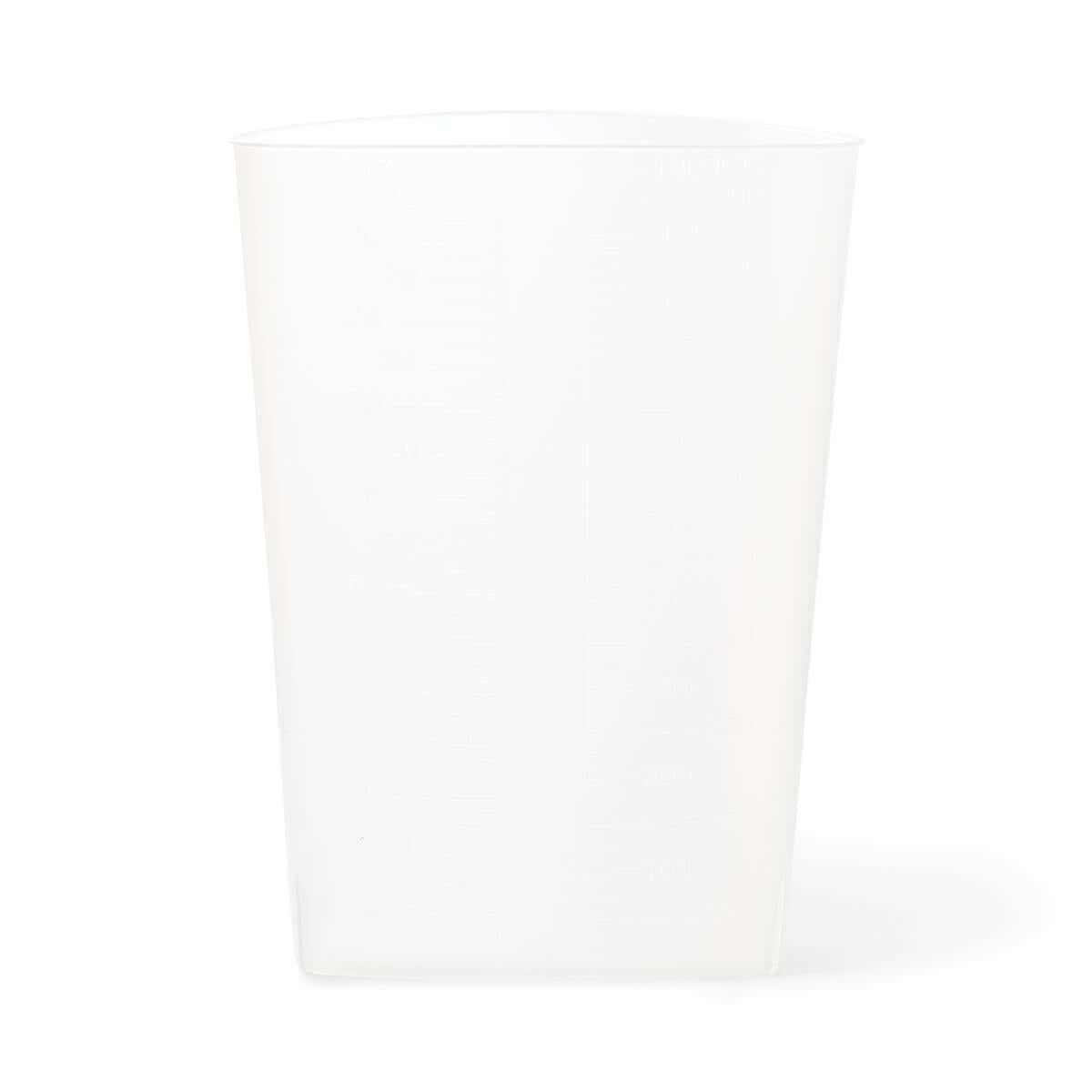 Triangular graduated cup with frosted translucent plastic sides and tapered rectangular shape, shown on white background