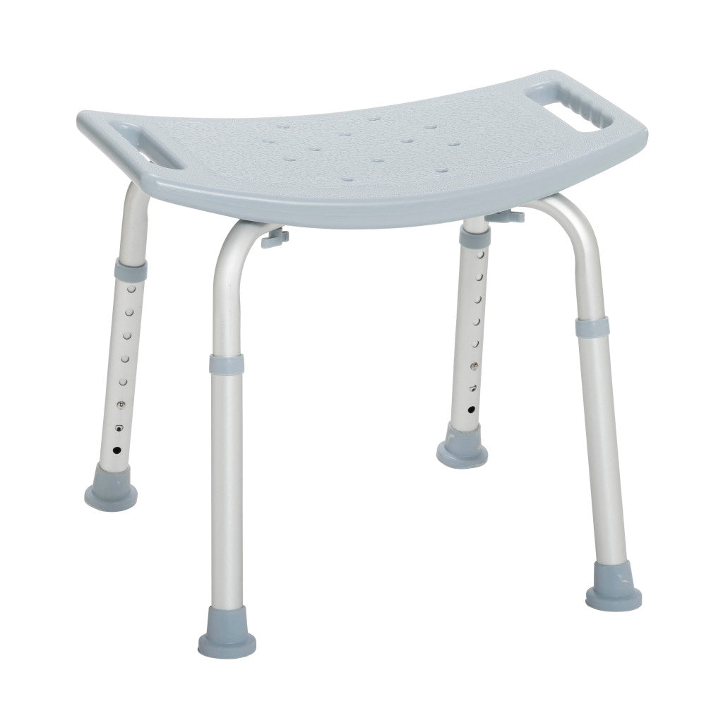 Bathroom safety shower bench with gray textured seat, drain holes, side handles, adjustable aluminum legs, and non-slip
