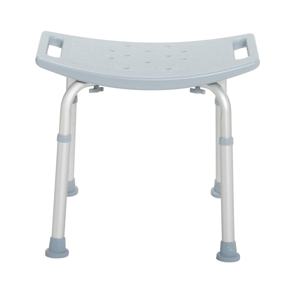 Bathroom safety shower bench with gray plastic contoured seat, drainage holes, cut-out handles, and adjustable aluminum legs