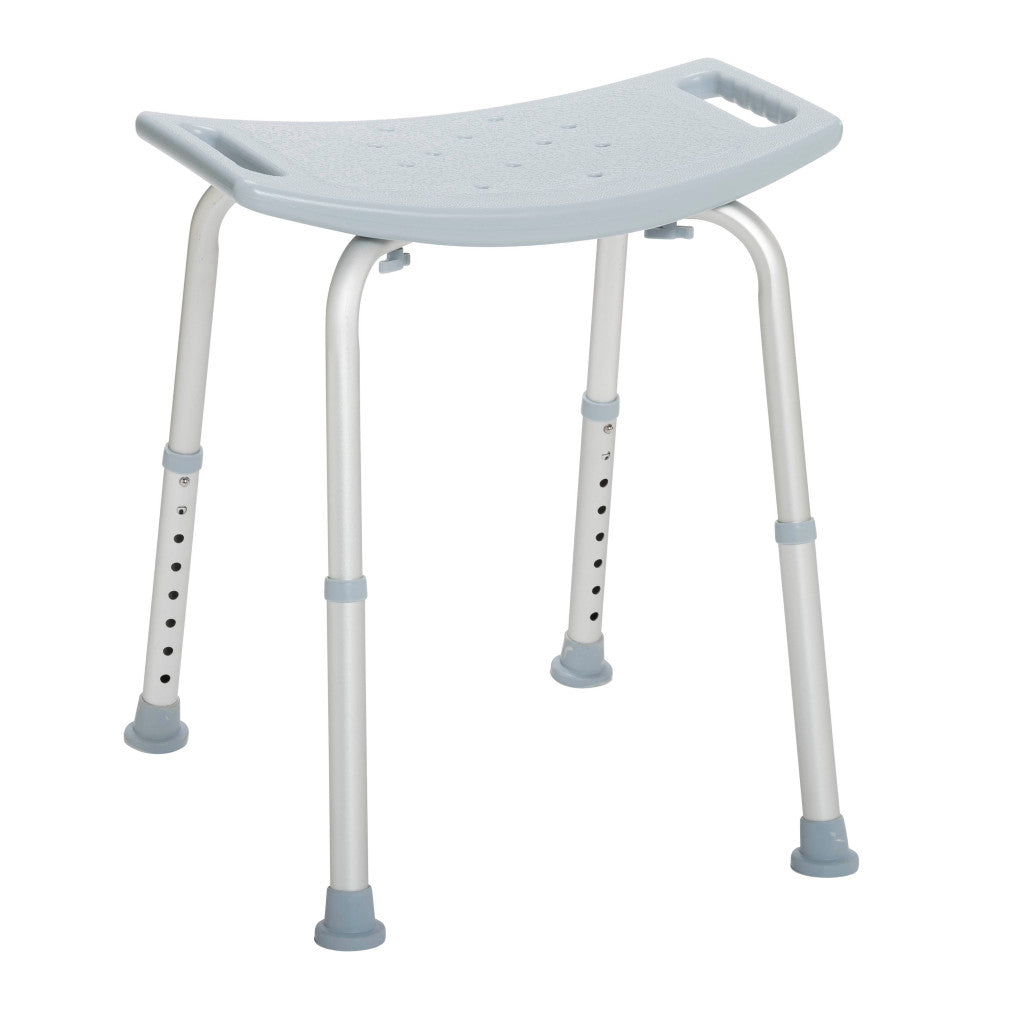 Backless shower bench with gray textured seat, built-in handles, and height-adjustable aluminum legs with non-slip feet