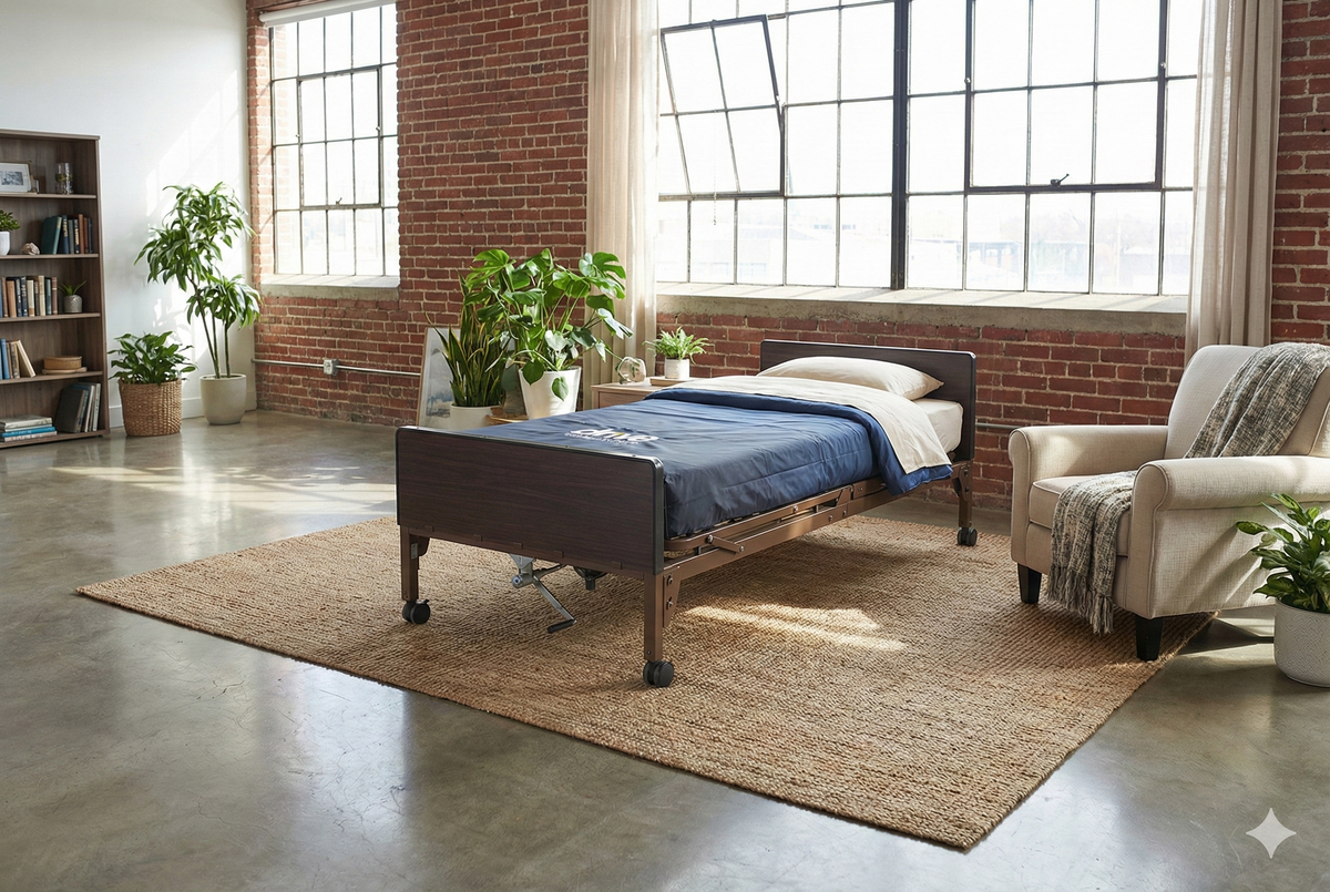 Full electric hospital bed with dark wood side rails, blue mattress, and white pillow in a bright loft-style room