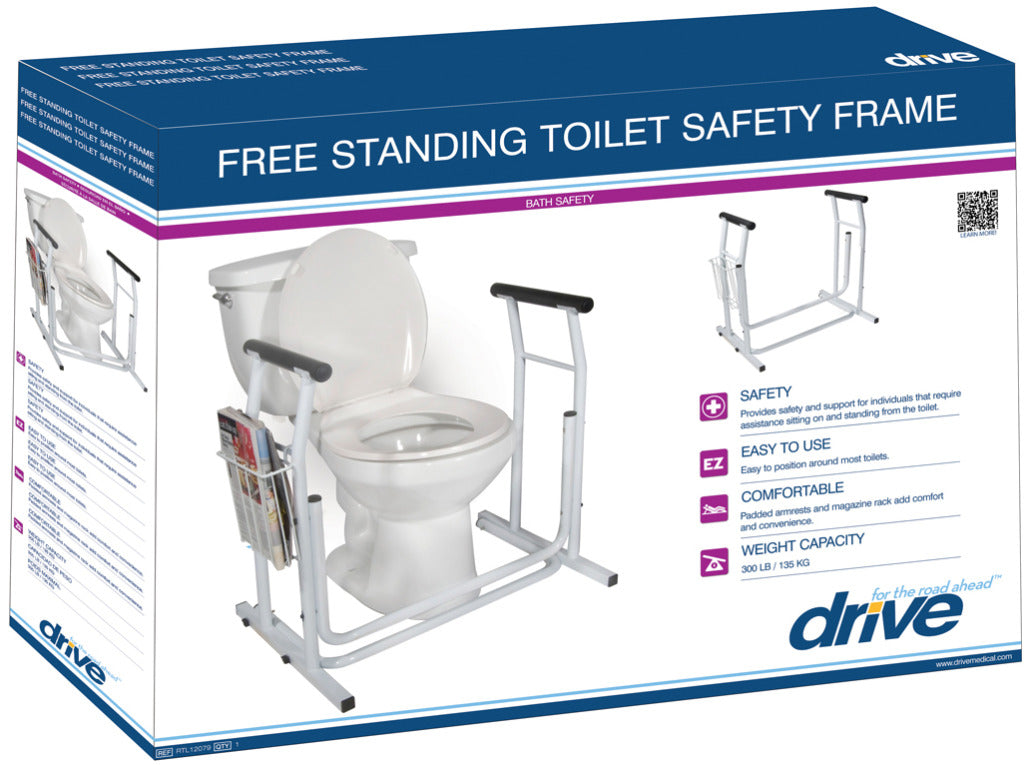 Stand alone toilet safety rail in Drive-branded retail packaging showing white metal frame with padded armrests and magazine