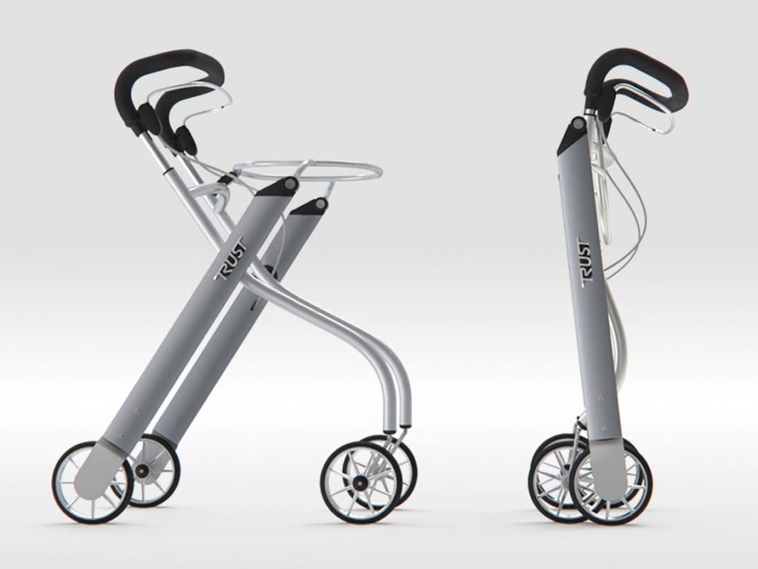 Rollator walker with slim silver frame and four spoked wheels shown open and folded side by side