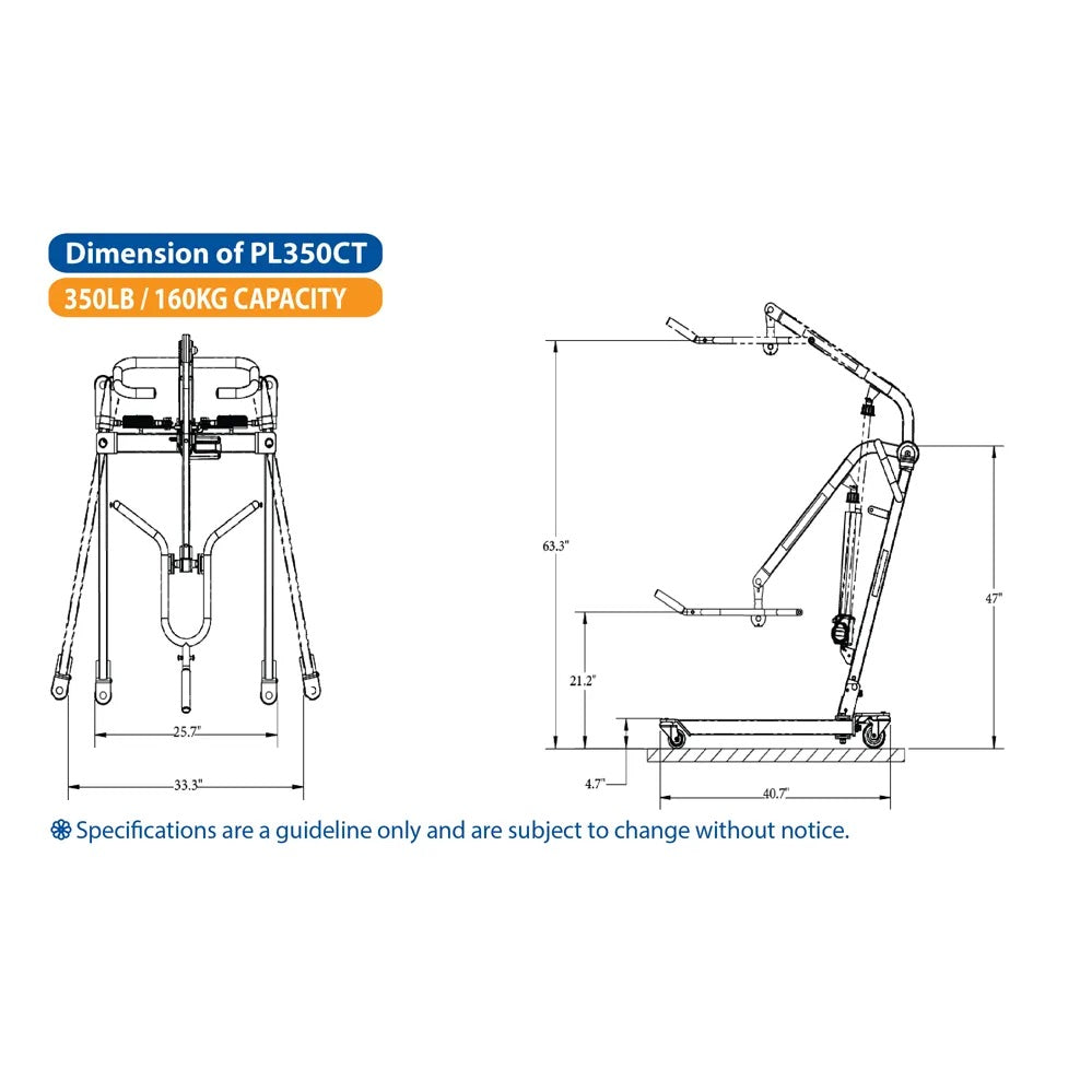 Car transfer mobile floor lift dimension diagram showing front and side views with labeled measurements and 350 lb capacity