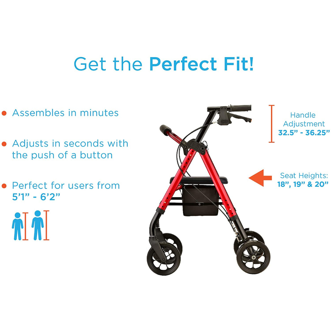 Rollator walker in red with black handles, seat, storage bag, and large wheels, shown with sizing callouts for handle and