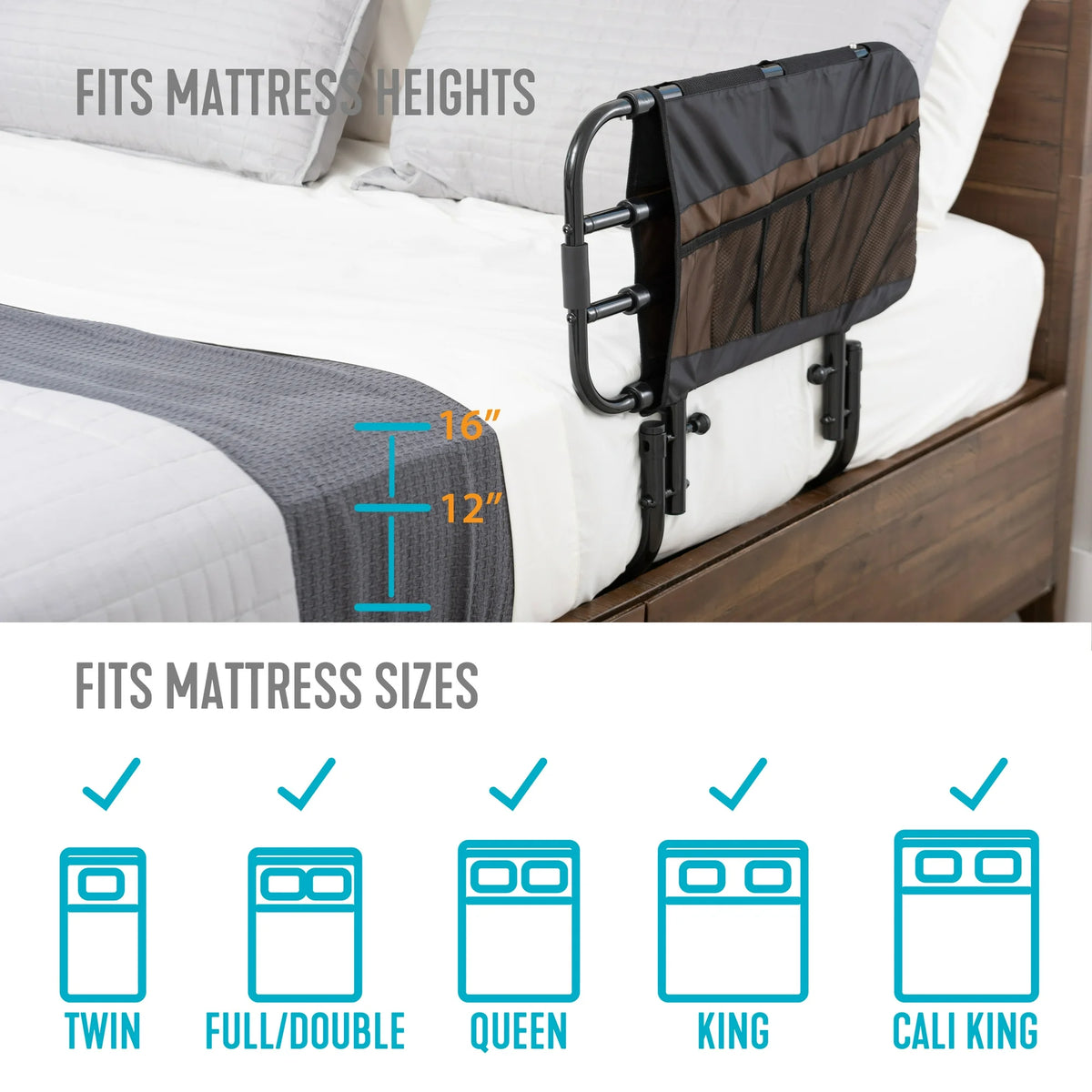 Bed rail with black metal frame and brown organizer pocket mounted on a wooden bed, with mattress height and size