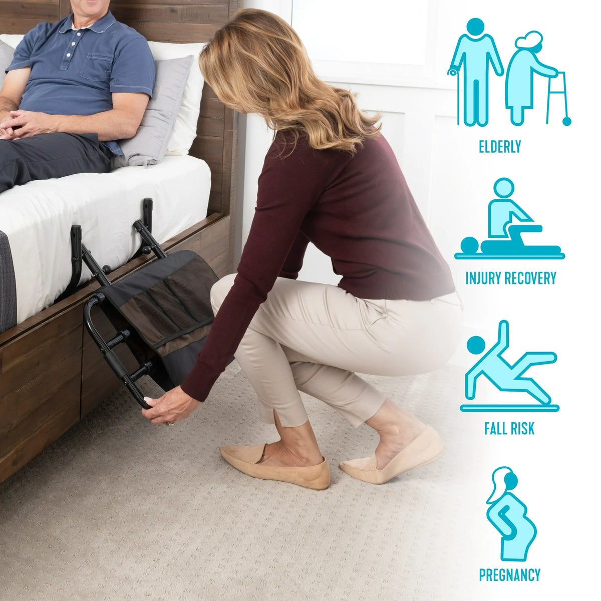 EZ Adjust Bed Rail being installed under a mattress by a woman, with a man seated on the bed and use-case icons nearby