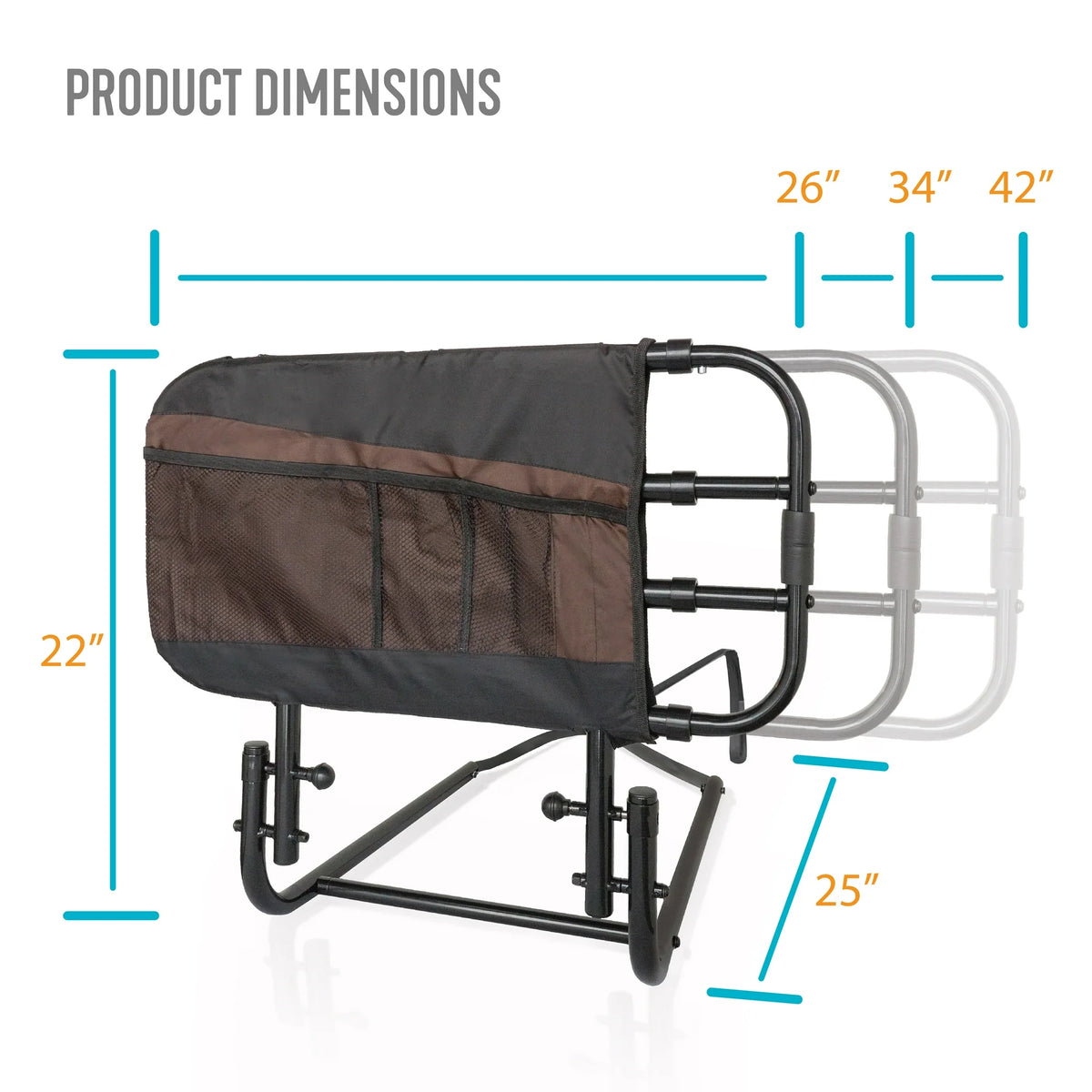 Bed rail with black metal frame, mesh storage pouch, and adjustable width shown in 26, 34, and 42-inch positions with