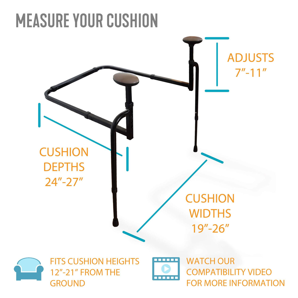 EZ Stand-N-Go couch cane with dimension callouts showing cushion width, depth, and height adjustment ranges