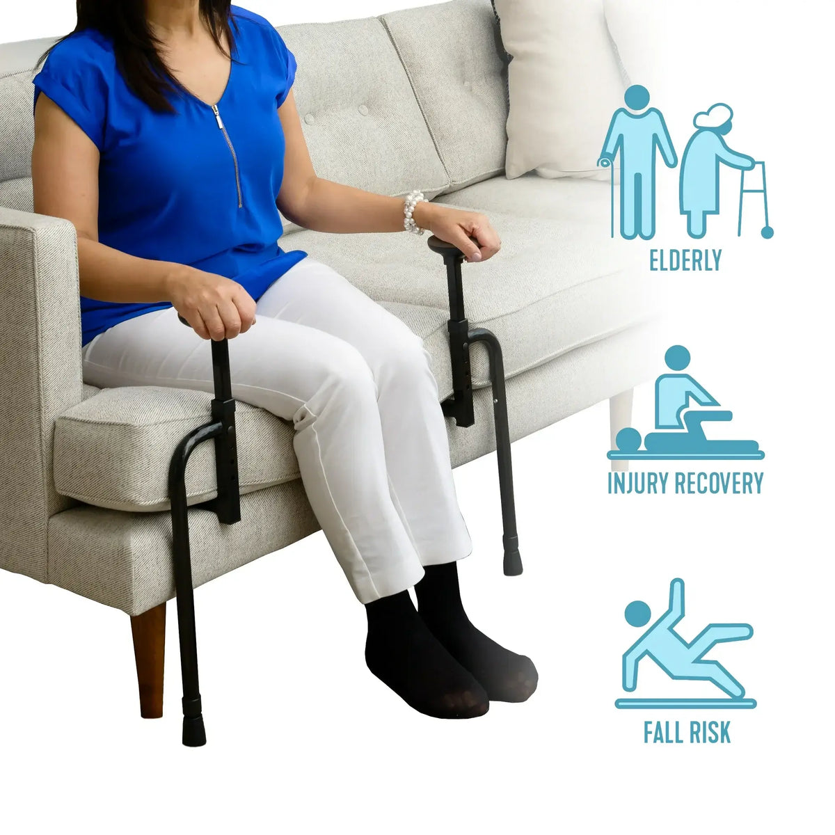 Couch stand assist handles gripped by a seated woman on a gray sofa, with icons noting use for elderly, injury recovery, and