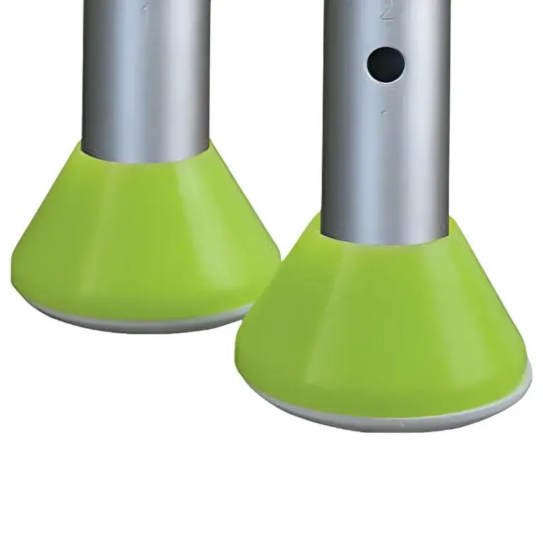 Walker coaster glides in lime green fitted onto two aluminum walker legs, shown close up against white background