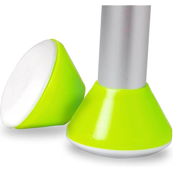 Walker coaster glides in bright green and white, one shown fitted on a walker leg and one displayed separately