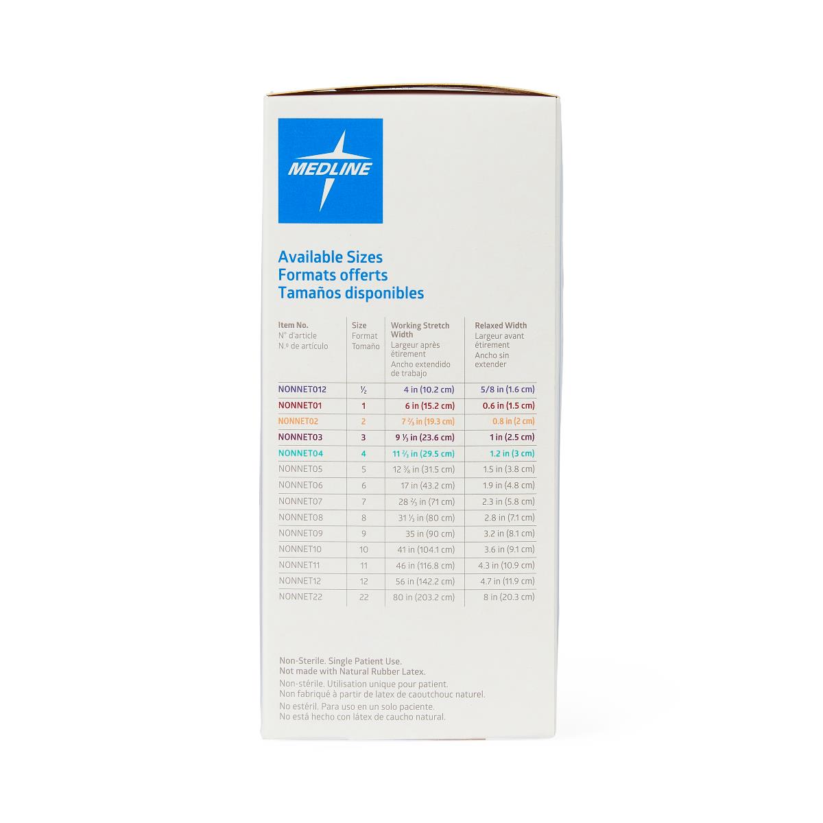 Medline stretch tubular elastic dressing retention net box side panel showing available sizes chart with item numbers and