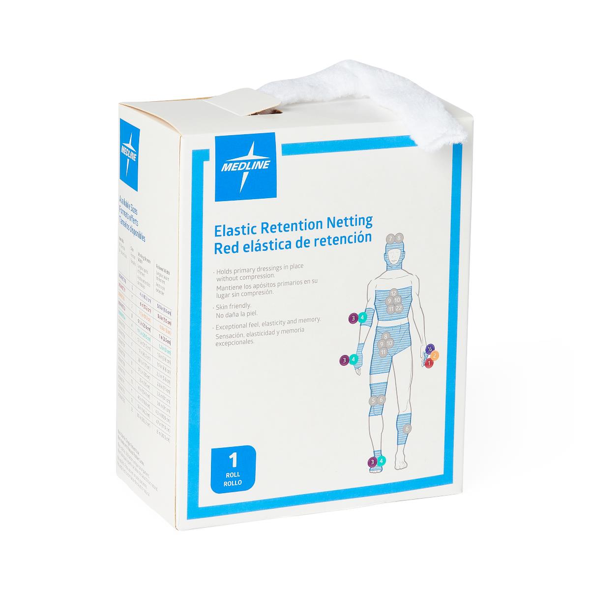 Elastic retention netting roll in white Medline box with bilingual labeling and body diagram showing placement areas