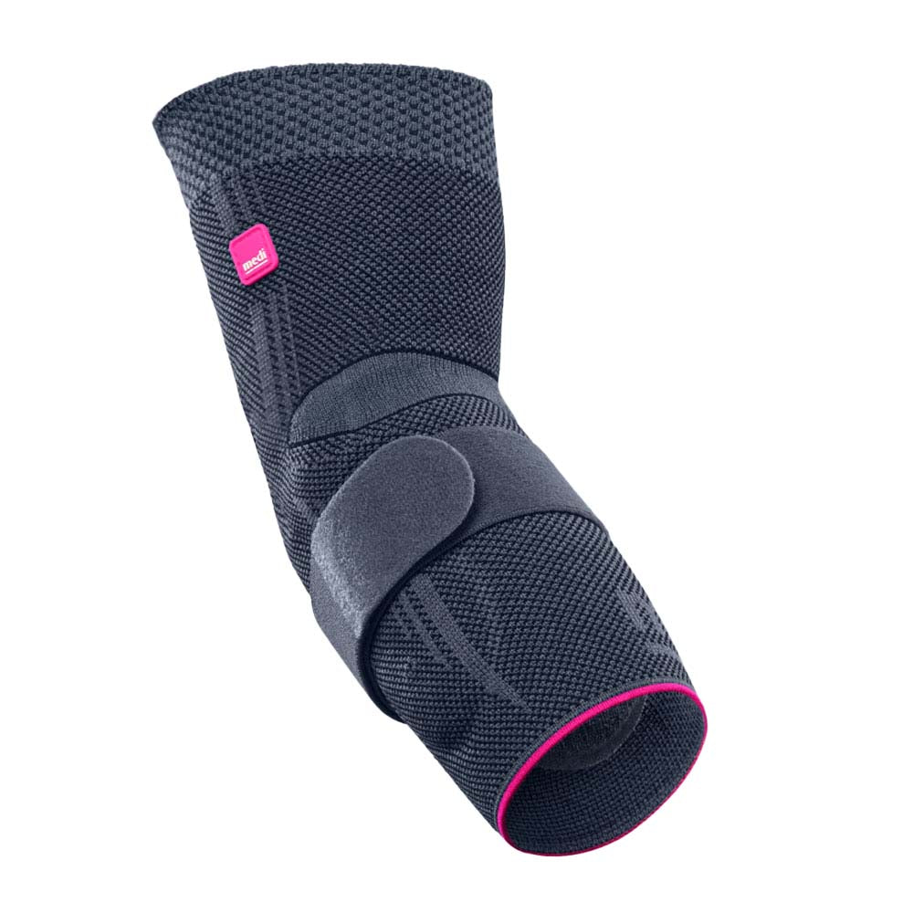 Epicomed elbow support in dark gray knit fabric with adjustable strap and pink accent trim, shown at an angle