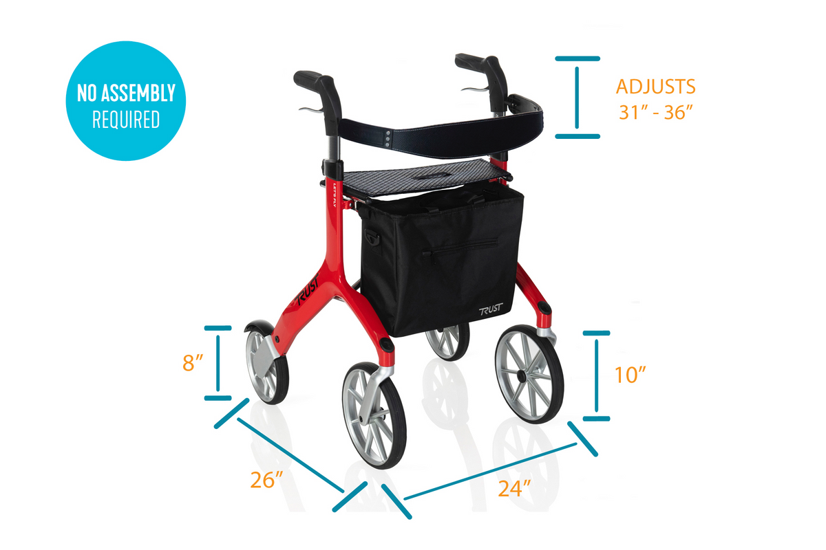 Lets Fly Rollator in red with black seat, storage bag, four large wheels, and dimension callouts showing height and width