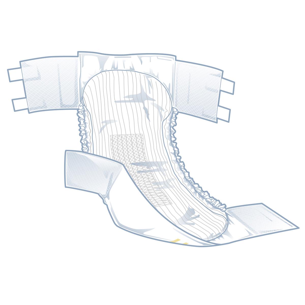 Adult incontinence brief shown in illustrated cutaway view, displaying inner absorbent core, ruffled leg gathers, and side