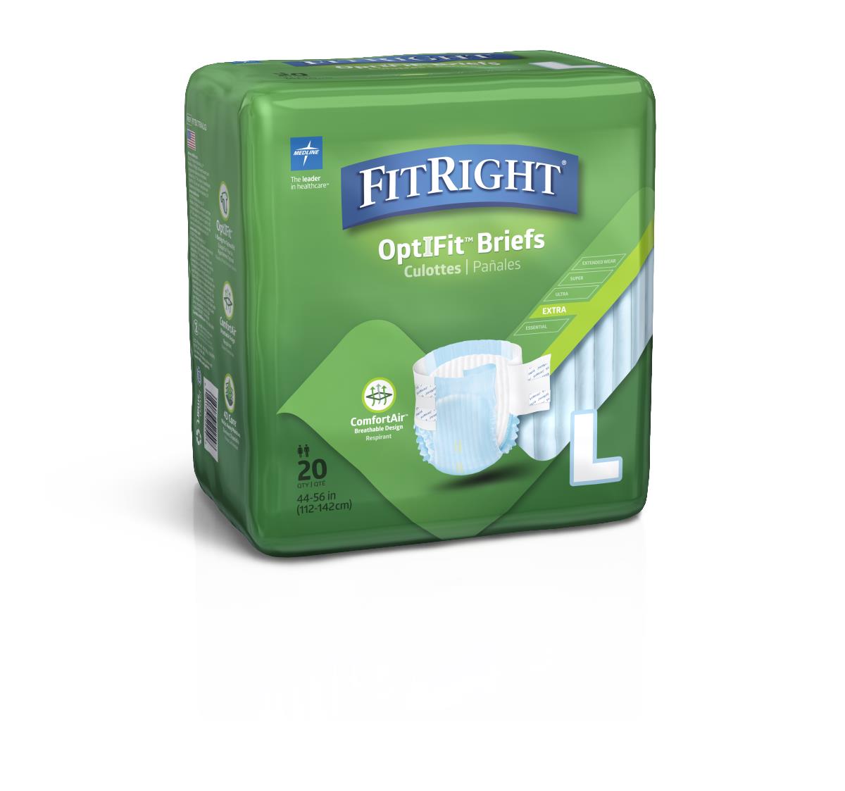 FitRight OptiFit Extra Incontinence Briefs, size large, green plastic packaging of 20 count briefs with product image on